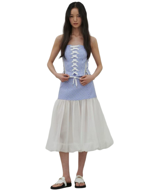 ST21122A- 甜美清新藍白格紋綁帶束腰抹胸上衣網紗中長裙套裝