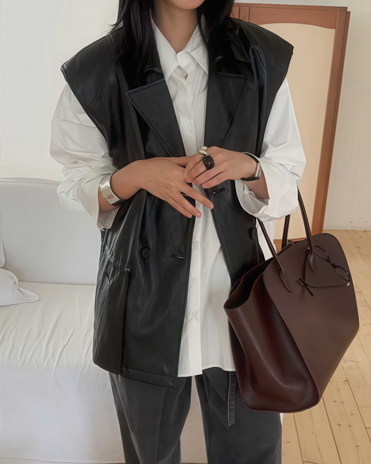 OT21910- 韓國翻領抽繩收腰顯瘦無袖防皮衣馬甲背心