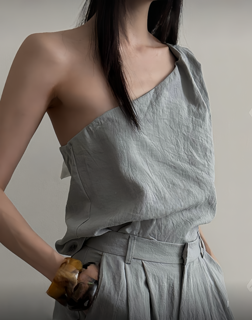 ST21508 - Designer niche asymmetrical one-shoulder strap + high-waisted straight loose casual long pants set