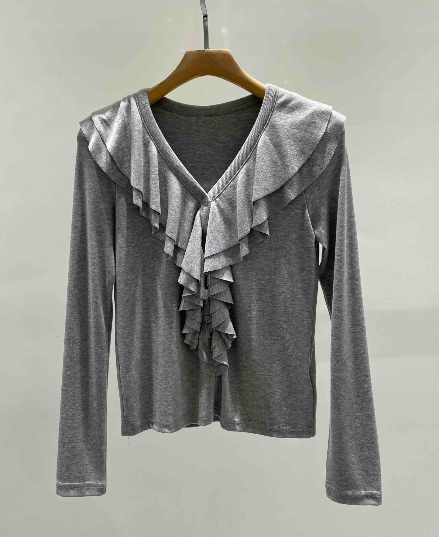 TP22016- 韓國設計師款荷葉領氣質修身長袖T恤上衣