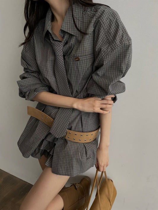 ST21860- 韓國設計師品牌設計感不規則格紋襯衫短褲套裝