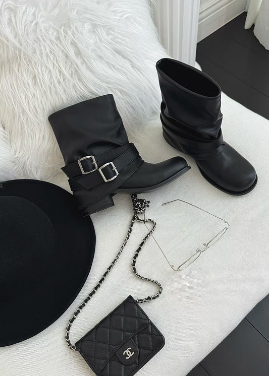 SH21883- 韓國個性雙搭帶中筒機車靴