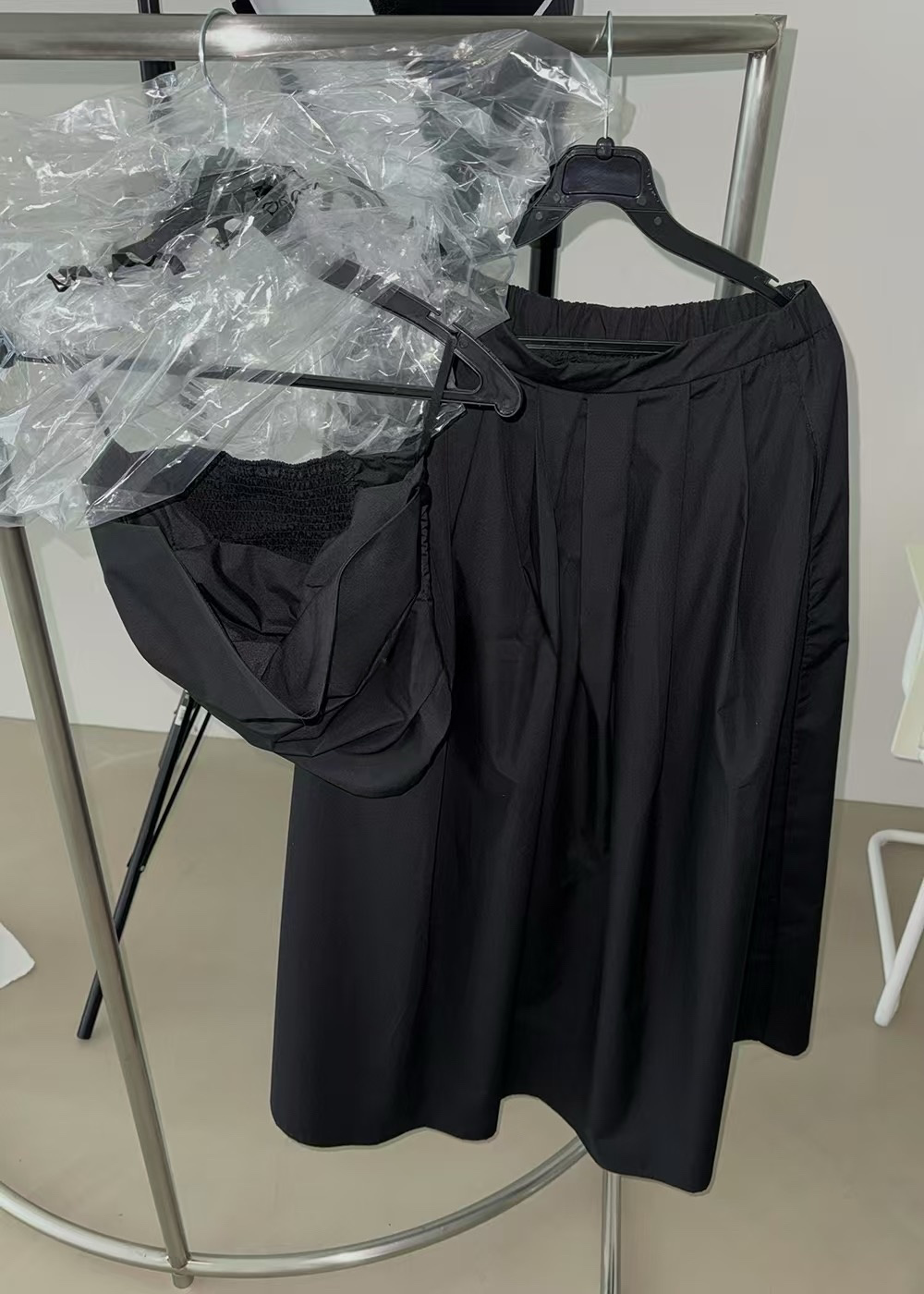 ST21506 - Designer niche asymmetrical pleated strapless top and A-line skirt set