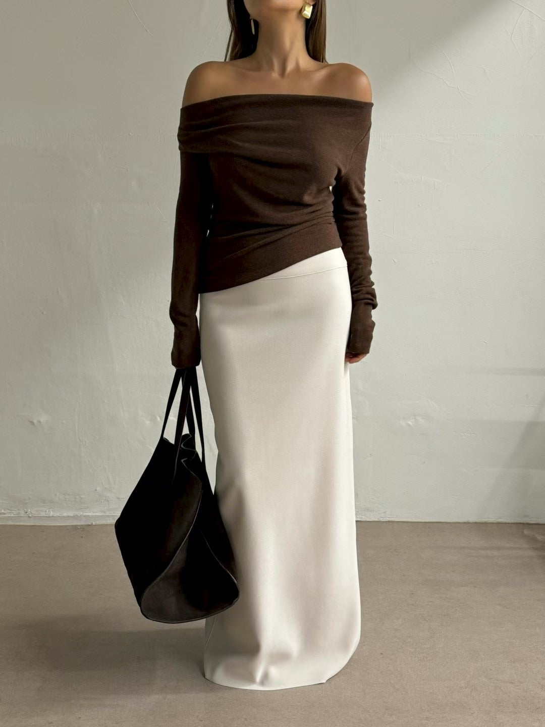 TP22019- 韓國秋冬性感羊絨混紡垂墜露肩長袖上衣