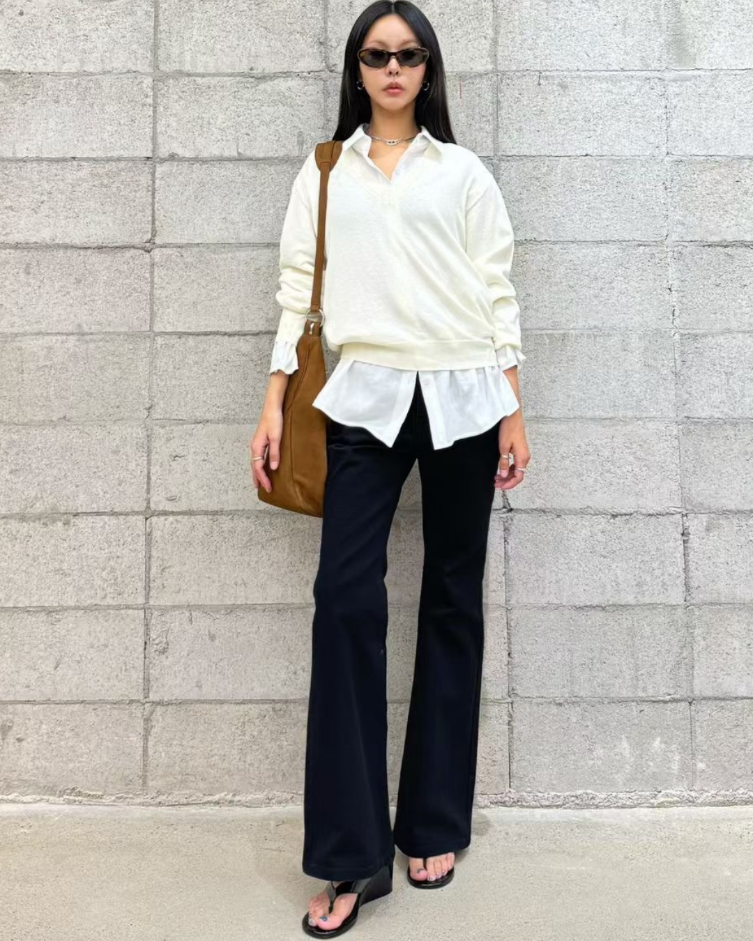 ST22030- 韓國拼色百褶裙配真絲羊毛透薄V領長袖