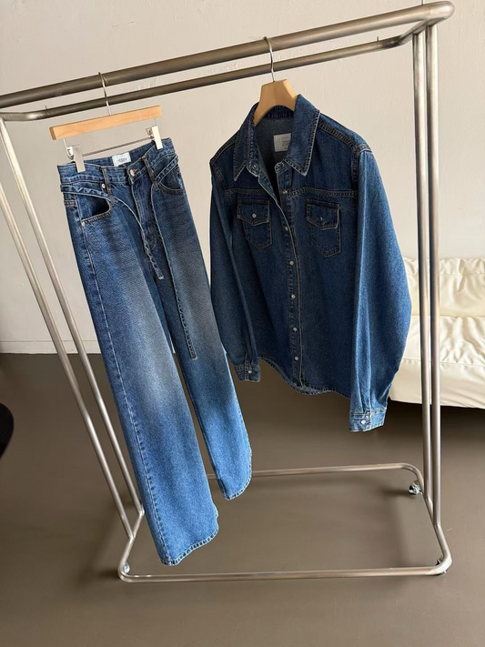 ST21830- 韓國寬鬆丹寧襯衫+直筒牛仔褲兩件套