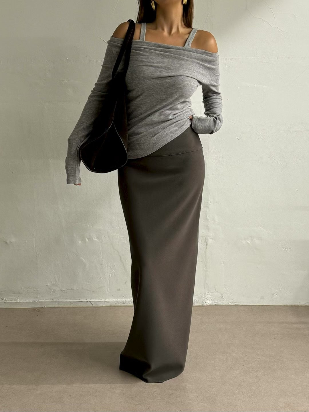 TP22019- 韓國秋冬性感羊絨混紡垂墜露肩長袖上衣