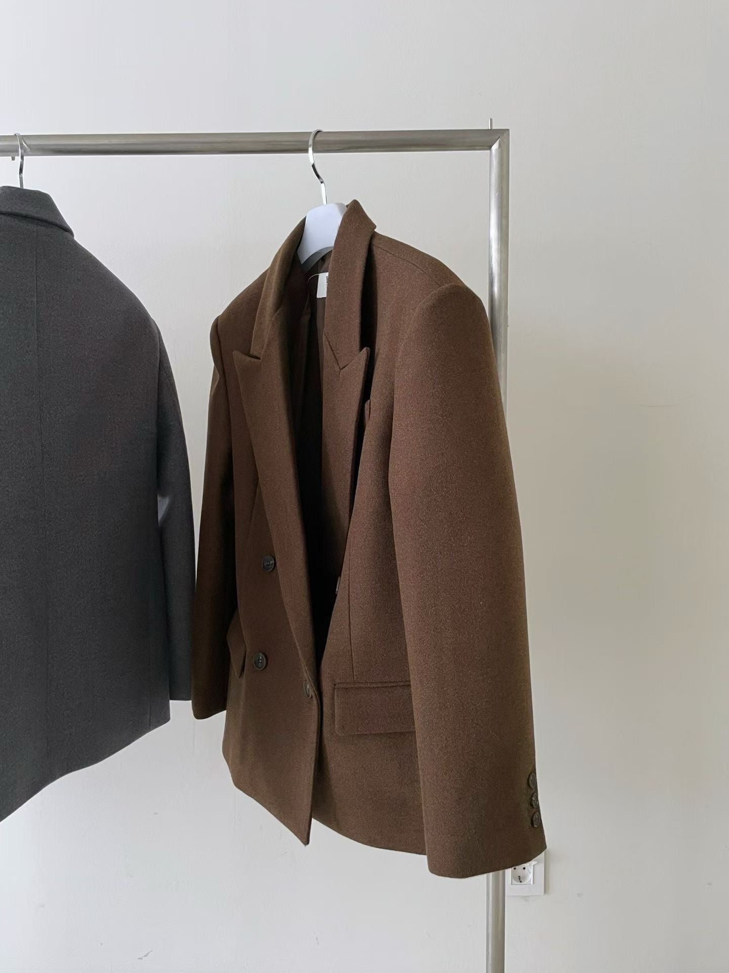 OT22026- 韓國設計師款經典寛鬆百搭毛呢雙排扣西裝