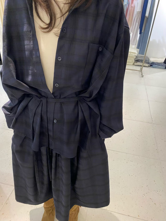 ST21912- 韓國舒適隨性腰帶收腰格紋襯衫裙套裝