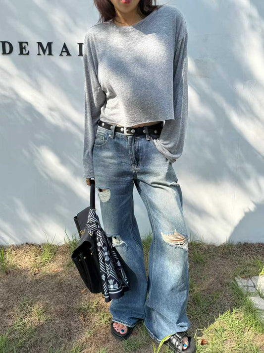 DN21908- 韓系復古刷破寬鬆破洞牛仔褲