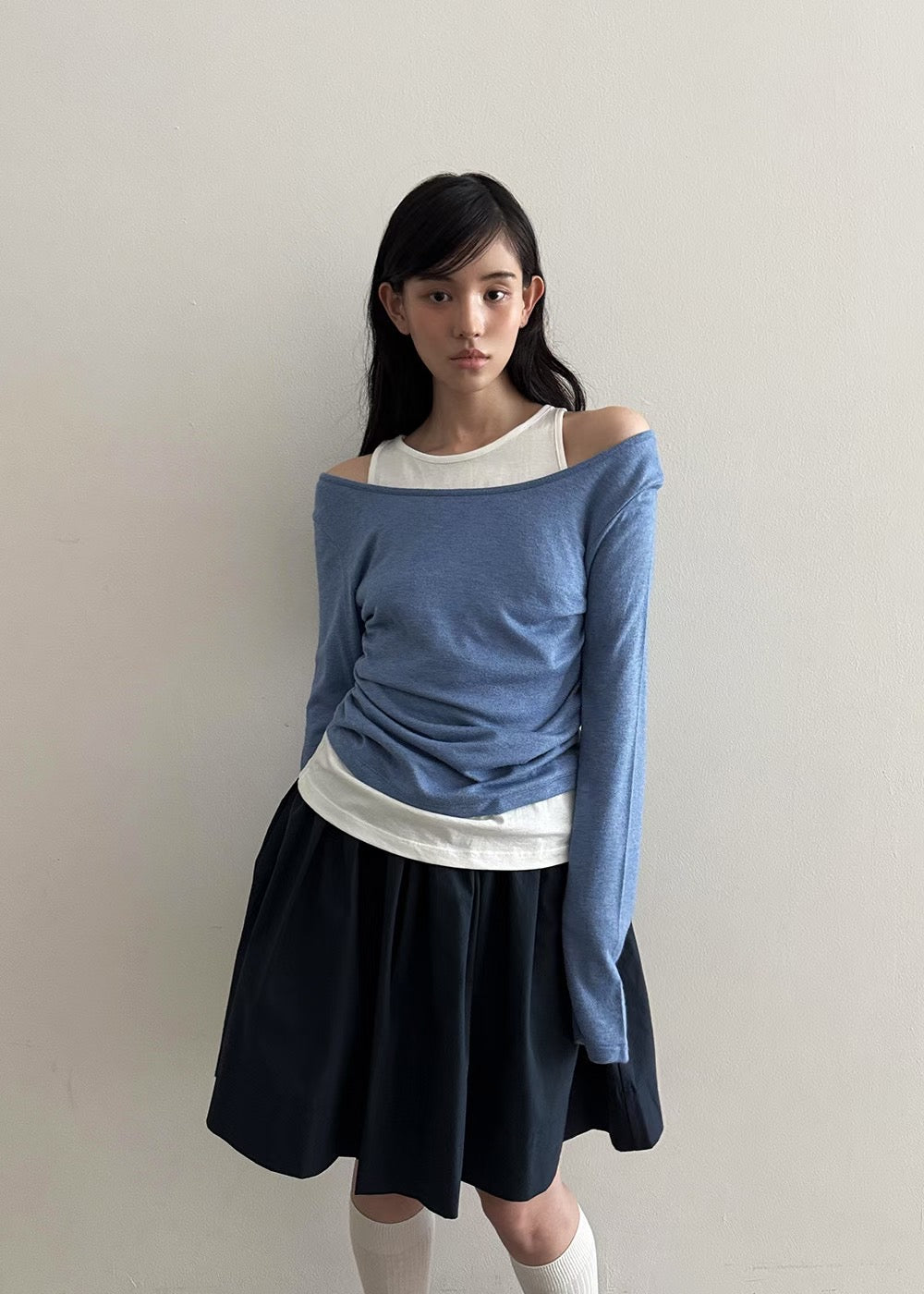 SK21822- 韓系假兩件不規則針織上衣