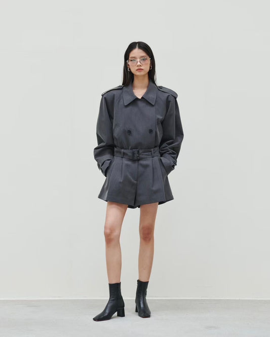 ST21791- 韓國短版風衣外套配短褲兩件套