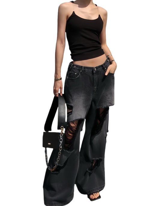 DN21306- Y2K個性刷破闊腿牛仔褲