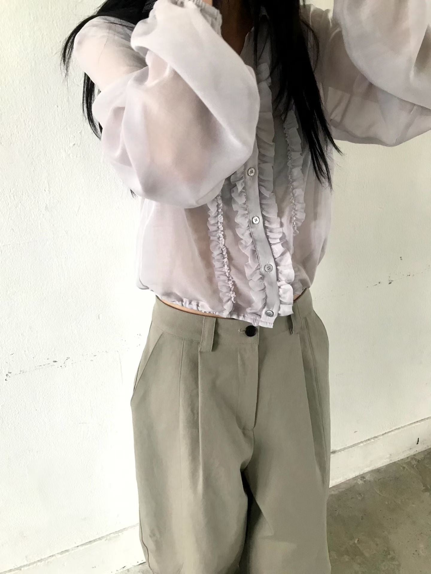 TP21968- 韓國浪漫法式甜美荷葉邊雪紡襯衫