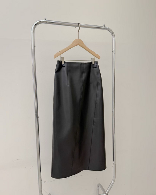 SK21902- 韓國高腰PU皮中長裙