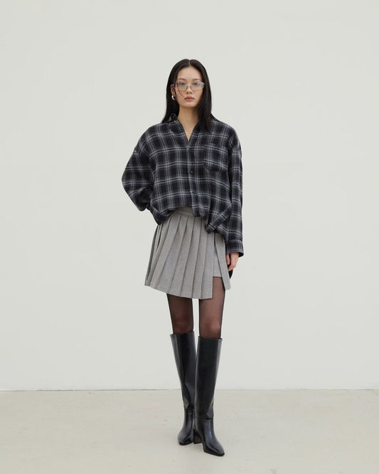 ST21976- 韓國設計師款設計感翻領格紋不規則造型襯衫