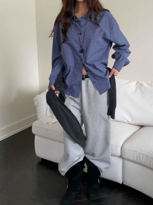 TP21981b- 韓國校園風寬鬆格紋休閒襯衫