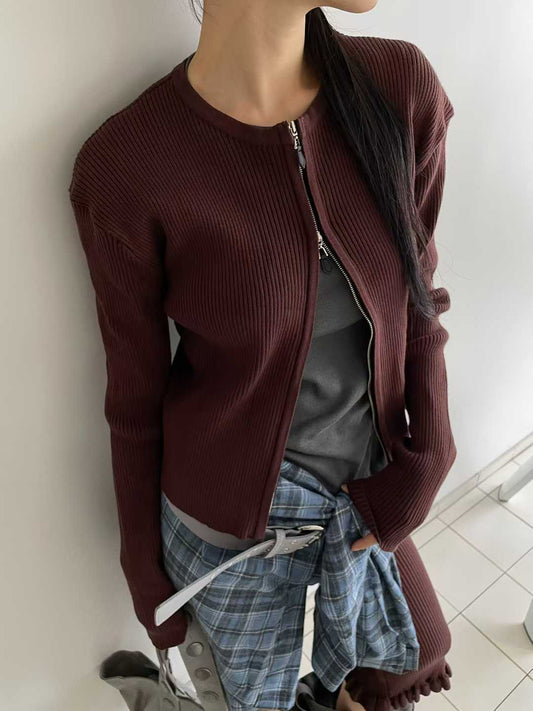 OT21898- 韓國設計師品牌圓領雙拉鍊針織開衫Cardigan