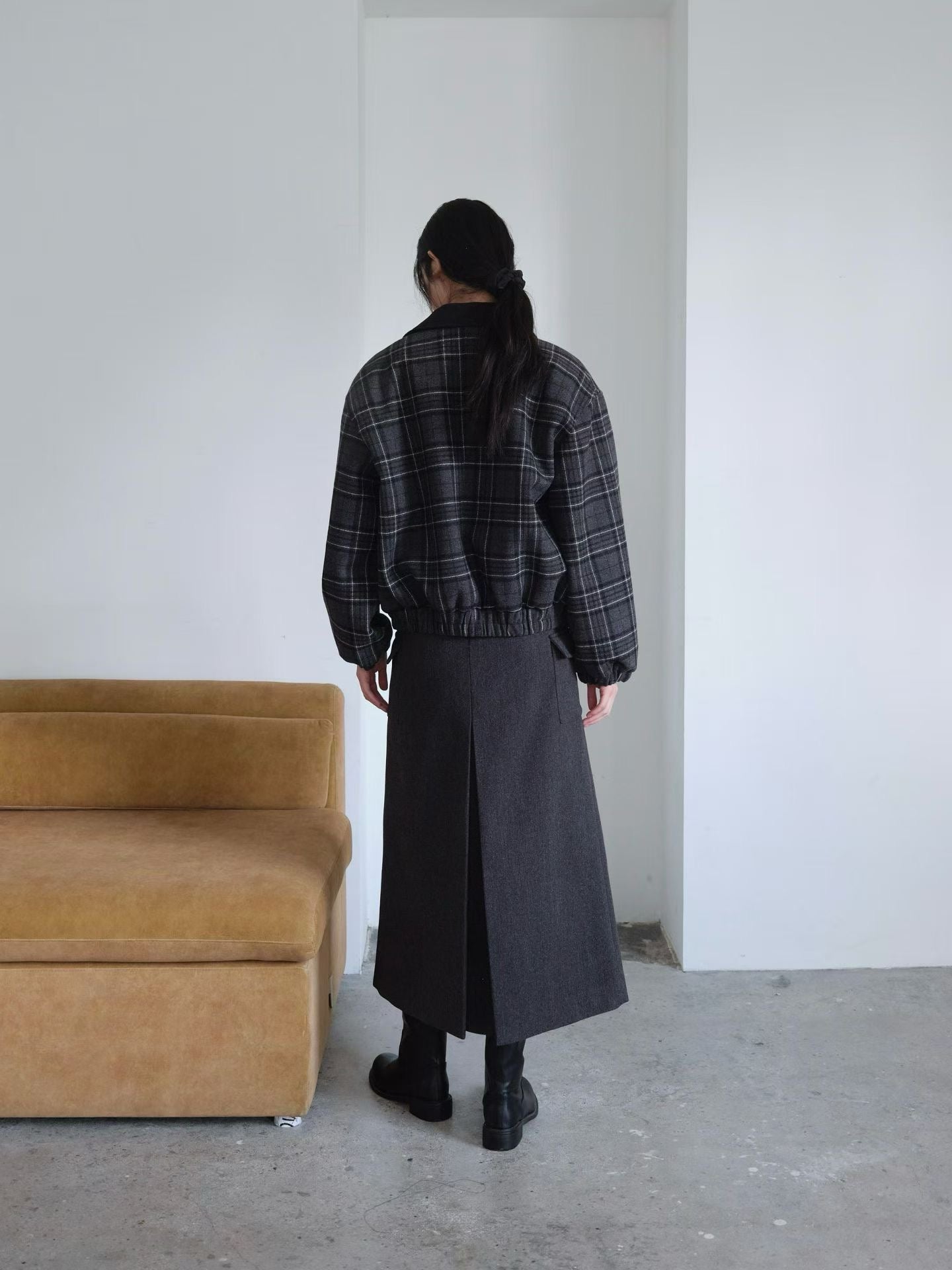 OT22028- 韓國設計師款學院風格紋毛呢短版外套