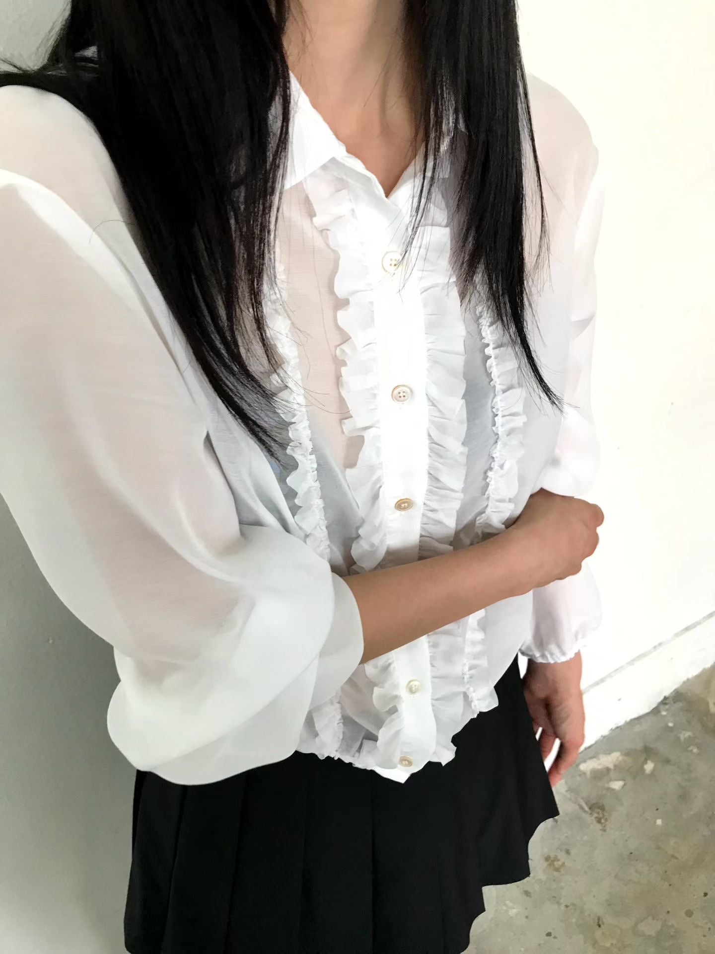 TP21968- 韓國浪漫法式甜美荷葉邊雪紡襯衫