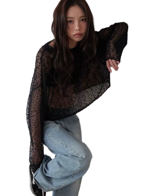 TP21136- 透視網眼長袖上衣 - 性感街頭風圓領罩衫