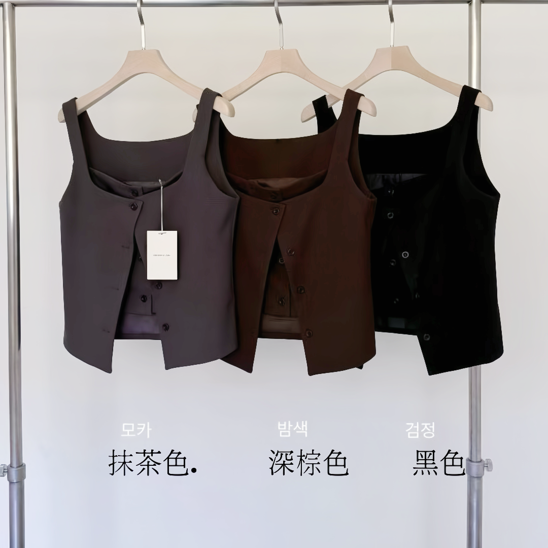 ST21800- 韓國知性優雅方領雙層背心上衣與不規則長裙兩件式套裝