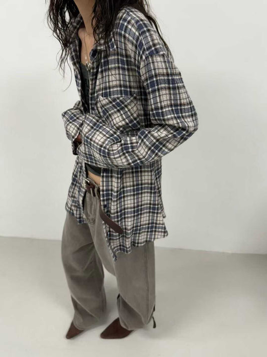 TP21889- 韓國學院風寬鬆百搭長版格紋襯衫