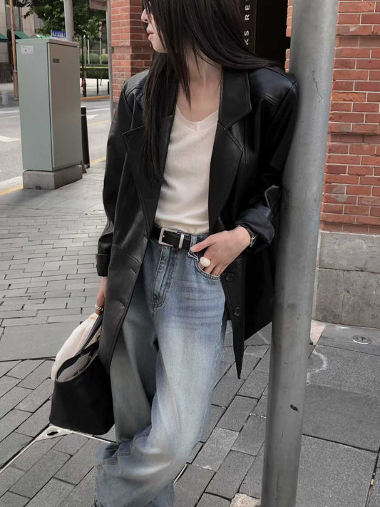 OT21900- 韓國翻領系扣寬鬆長袖夾克外套女