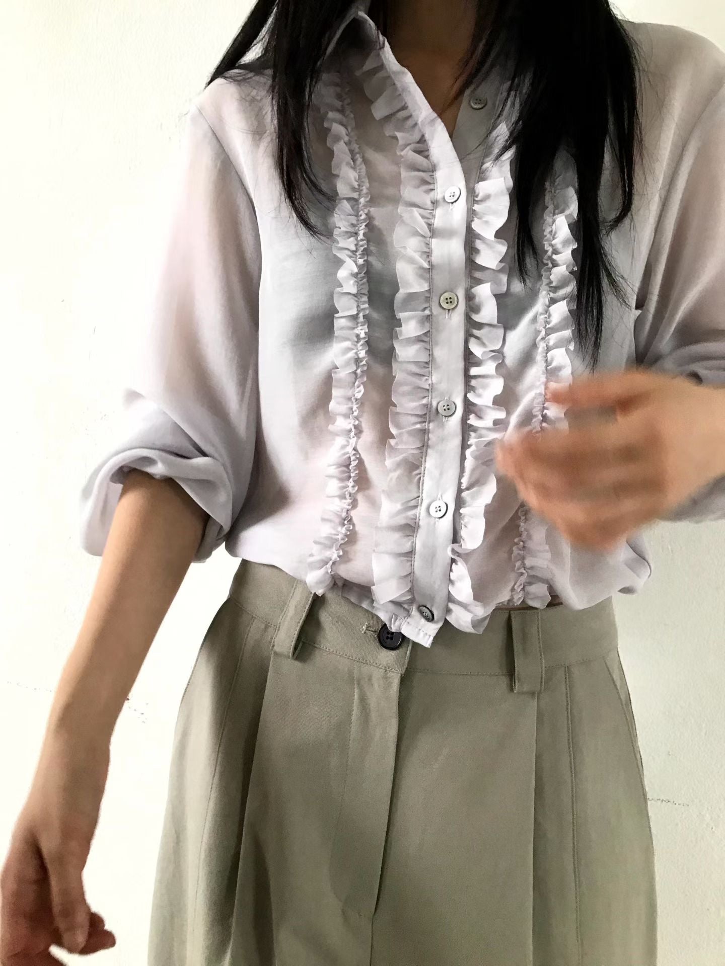 TP21968- 韓國浪漫法式甜美荷葉邊雪紡襯衫