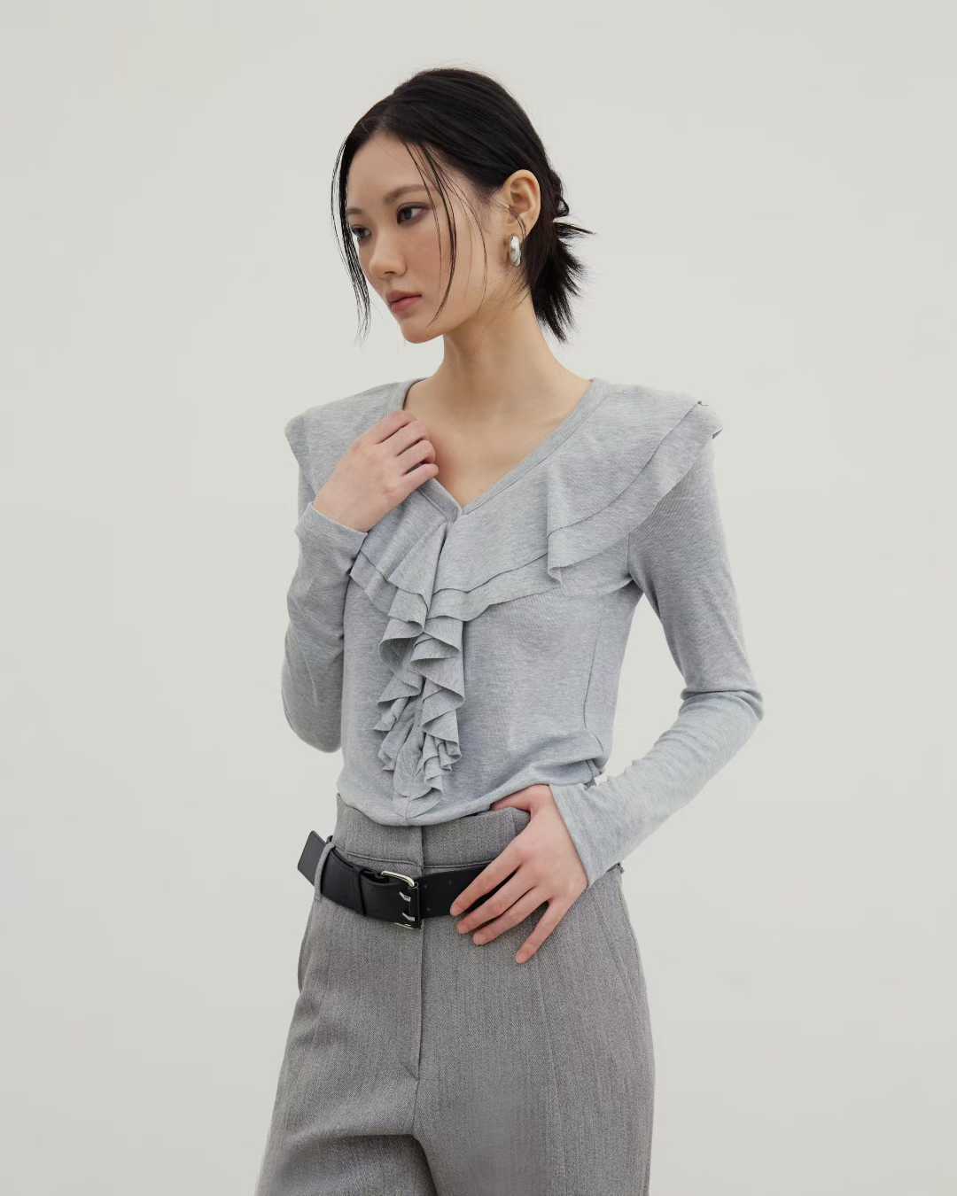 TP22016- 韓國設計師款荷葉領氣質修身長袖T恤上衣