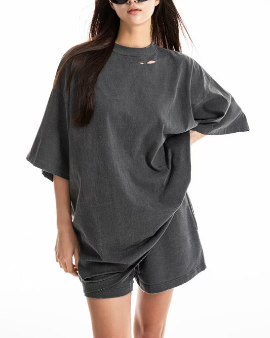 TP11236C- 韓國嘻哈磨爛破洞短袖oversize T-shirt