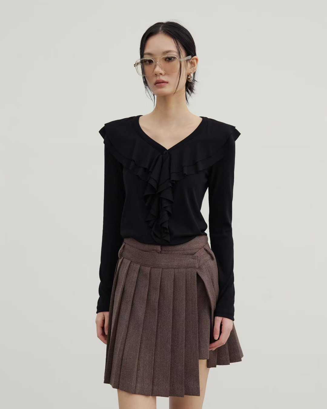 TP22016- 韓國設計師款荷葉領氣質修身長袖T恤上衣