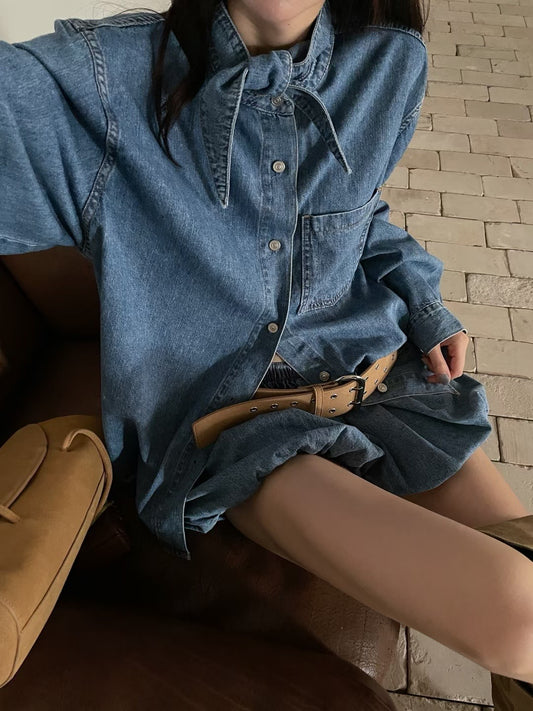 ST21873- 韓國牛仔蝴蝶結襯衫與泡泡短褲套裝