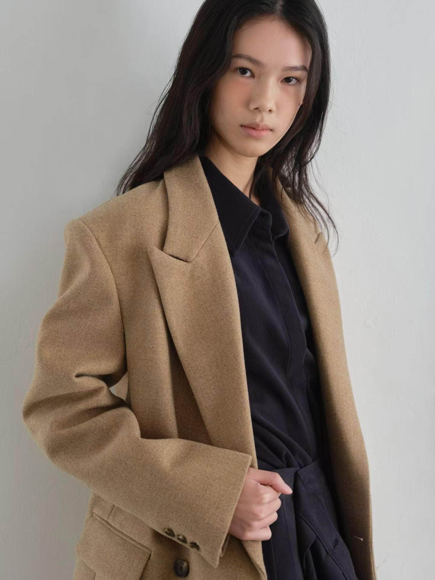 OT22026- 韓國設計師款經典寛鬆百搭毛呢雙排扣西裝