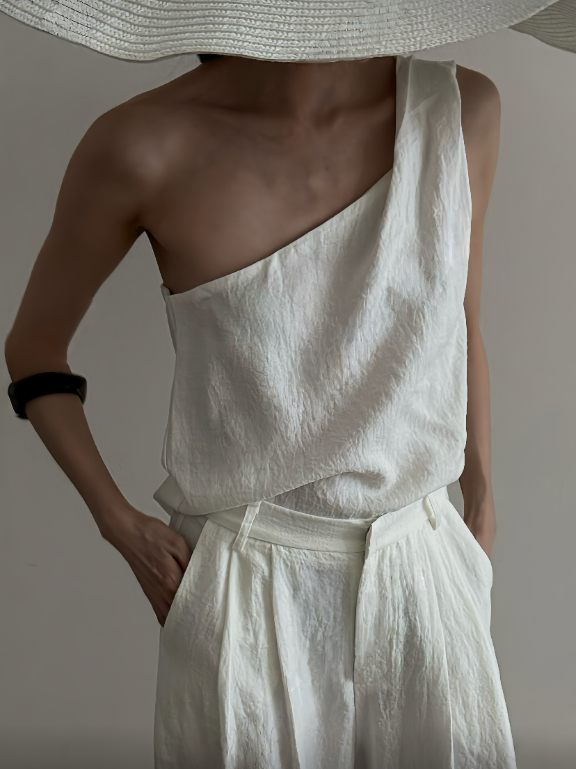 ST21508 - Designer niche asymmetrical one-shoulder strap + high-waisted straight loose casual long pants set