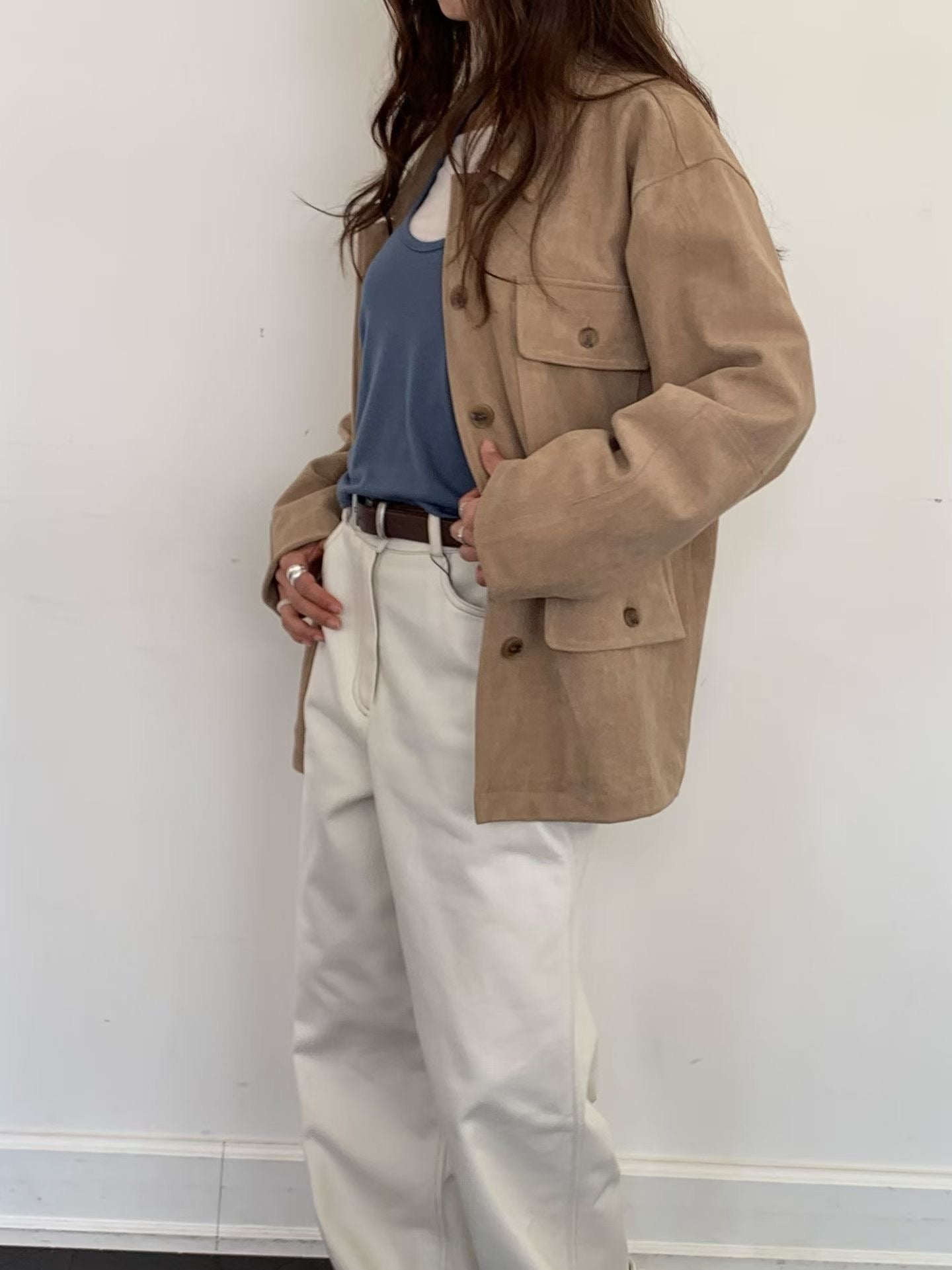 OT22018- 韓國復古寬鬆工裝大口袋翻領高品質防麂皮外套