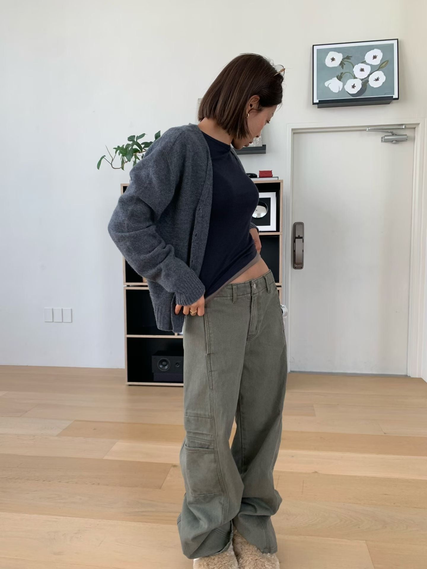 DN21983a- 韓國寬鬆工裝風牛仔闊腿褲