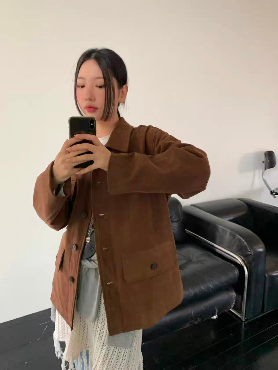 OT22018- 韓國復古寬鬆工裝大口袋翻領高品質防麂皮外套