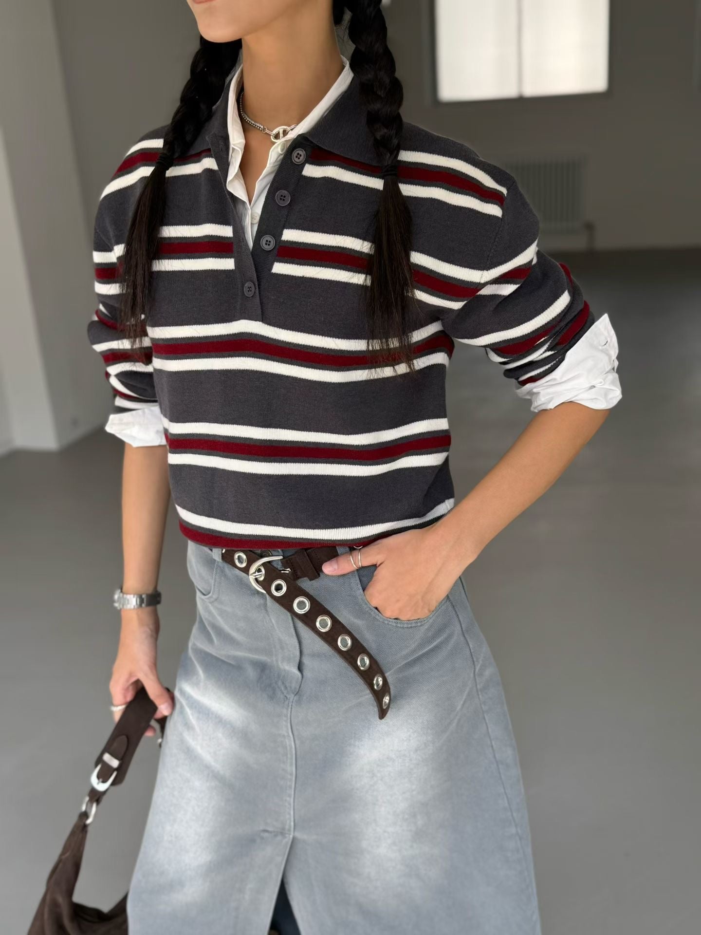 TP22025- 韓國撞色條紋短版POLO針織衫