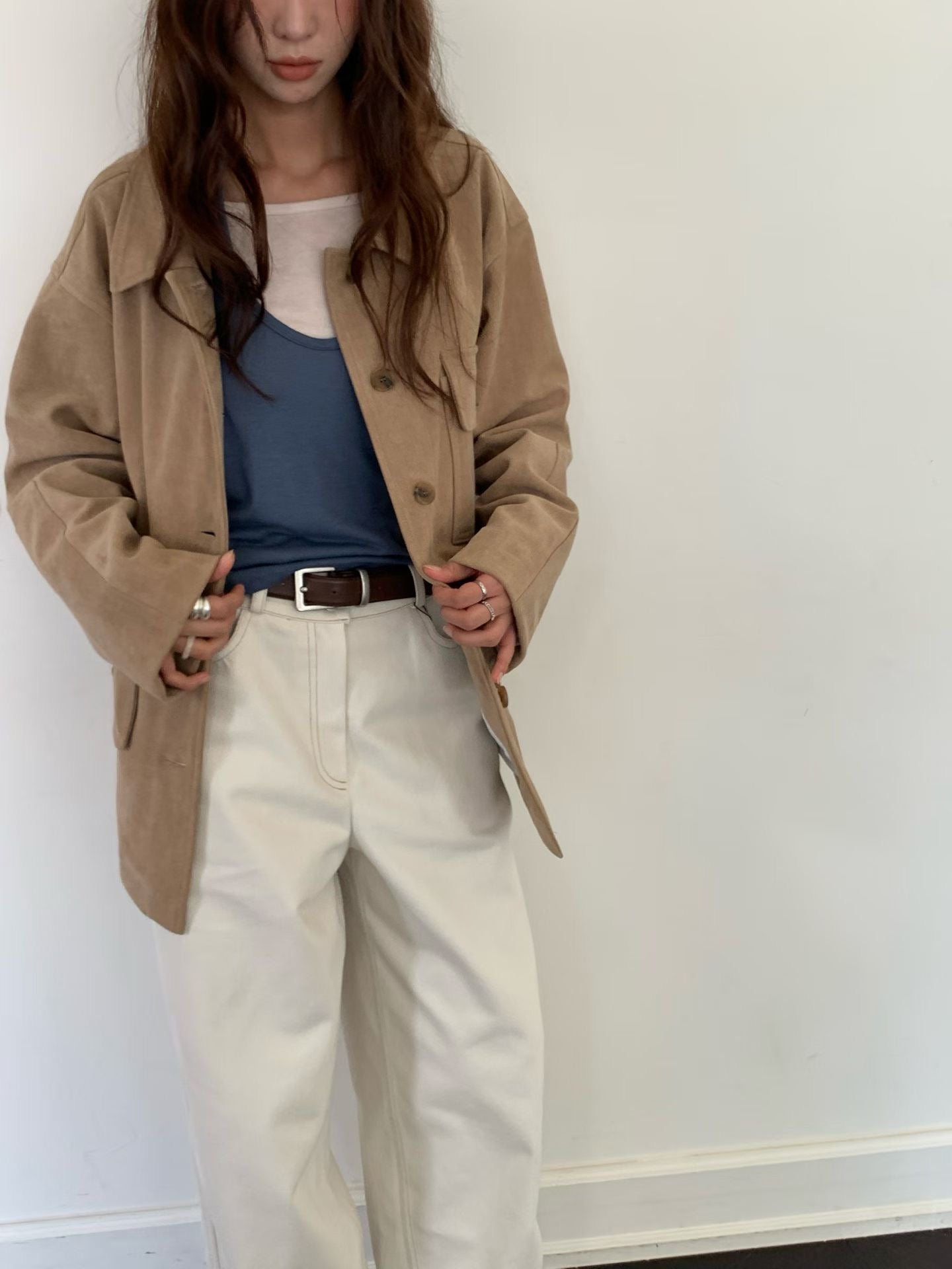 OT22018- 韓國復古寬鬆工裝大口袋翻領高品質防麂皮外套