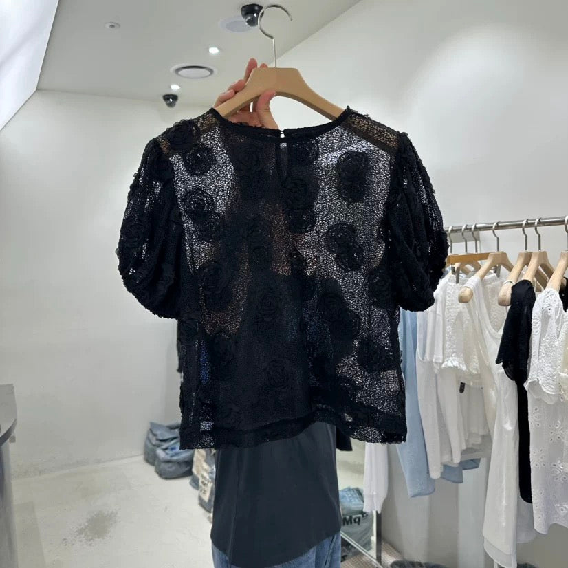 TP21539B- 立體花朵蕾絲泡泡袖透膚上衣