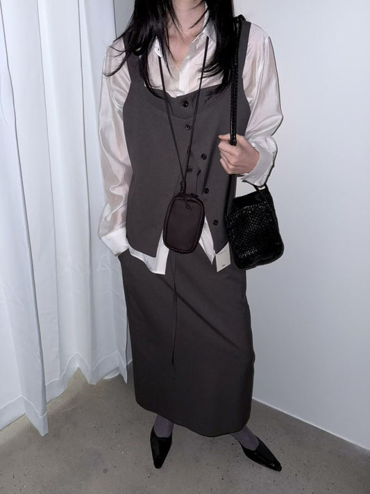 ST21800- 韓國知性優雅方領雙層背心上衣與不規則長裙兩件式套裝