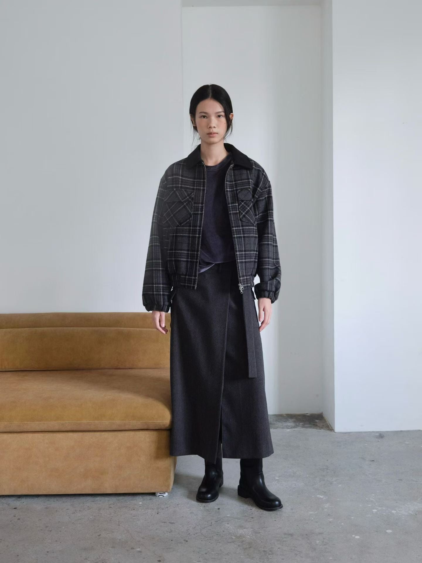 OT22028- 韓國設計師款學院風格紋毛呢短版外套