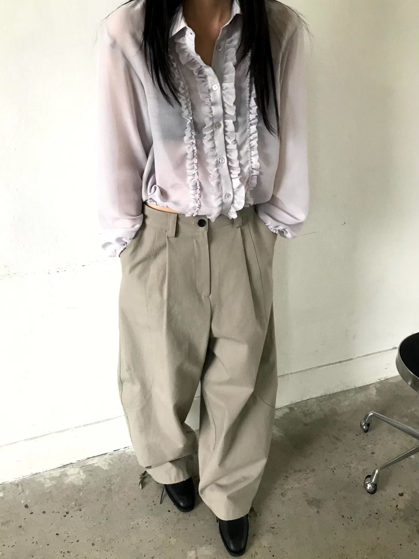 TP21968- 韓國浪漫法式甜美荷葉邊雪紡襯衫