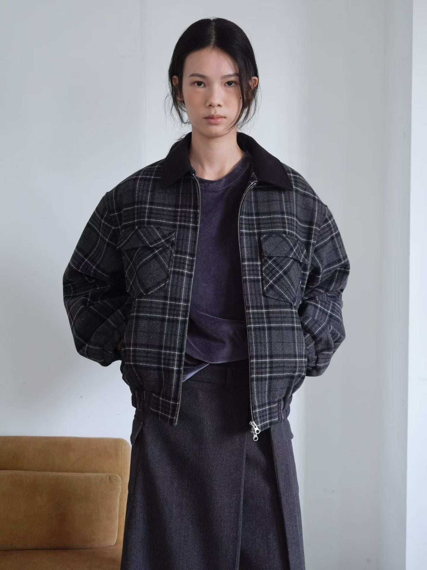 OT22028- 韓國設計師款學院風格紋毛呢短版外套