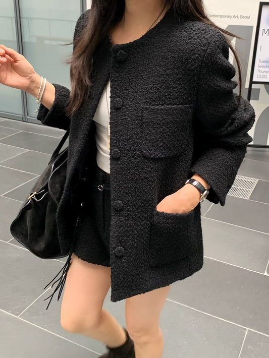 ST21900- 韓國小香風氣質粗花呢外套與短褲套裝