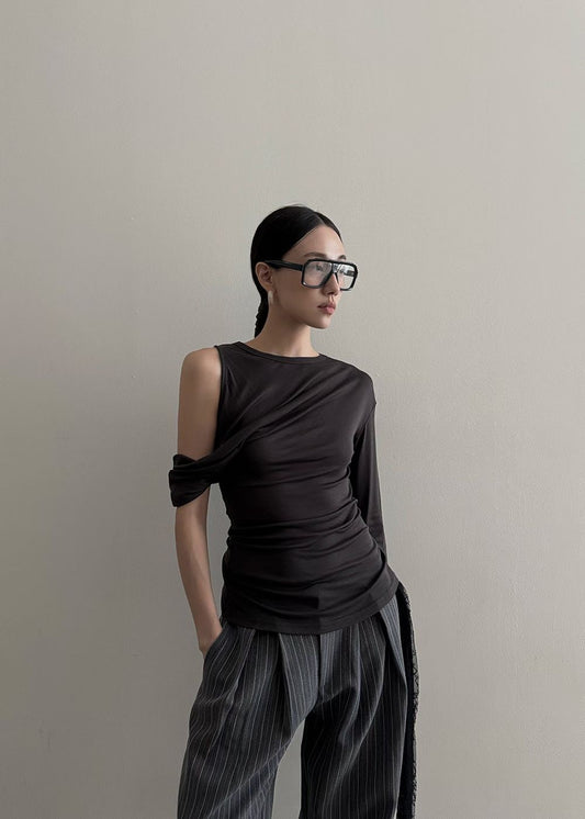 TP21870- 韓國簡約個性不規則露肩針織衫