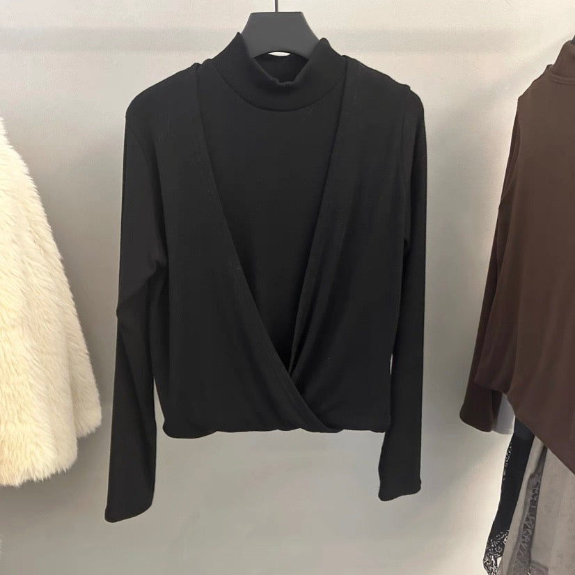 TP22020- 韓國高領露肩針織假兩件上衣