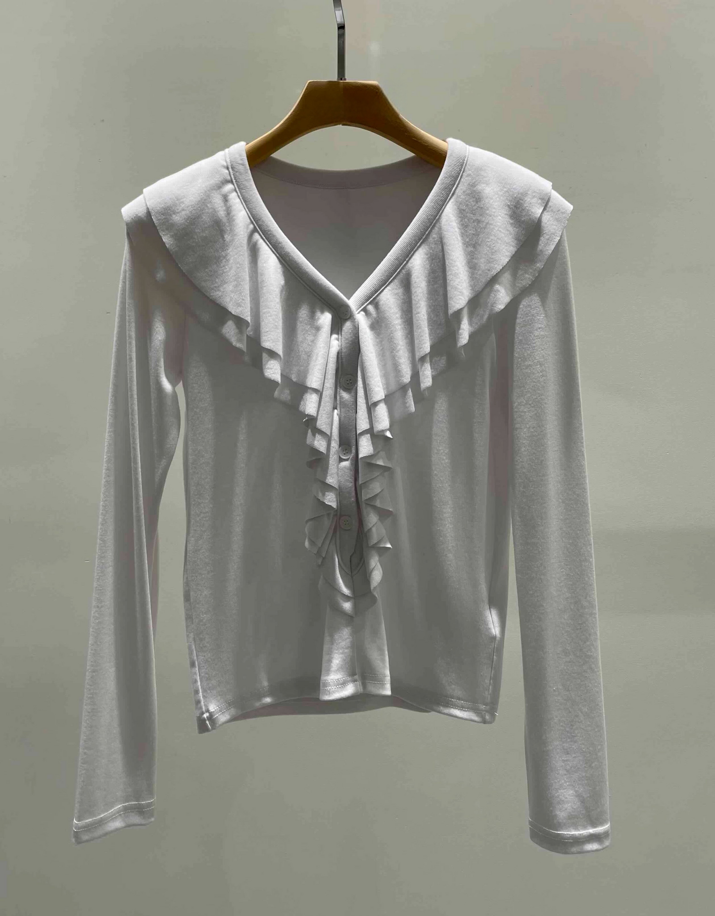 TP22016- 韓國設計師款荷葉領氣質修身長袖T恤上衣