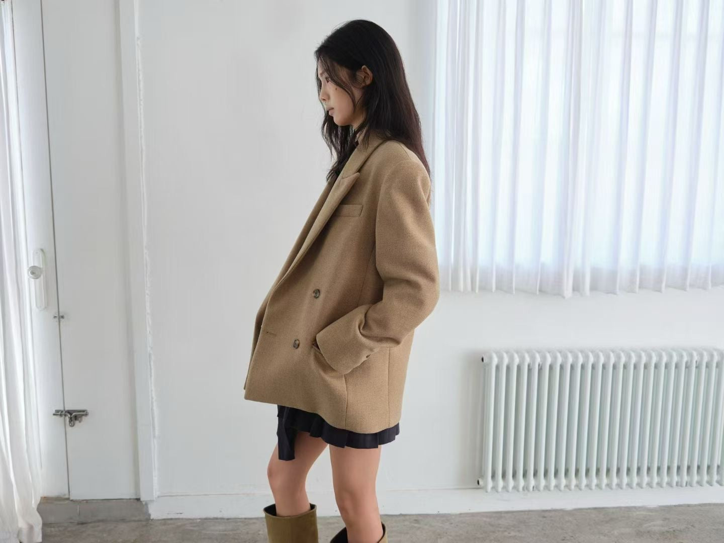 OT22026- 韓國設計師款經典寛鬆百搭毛呢雙排扣西裝